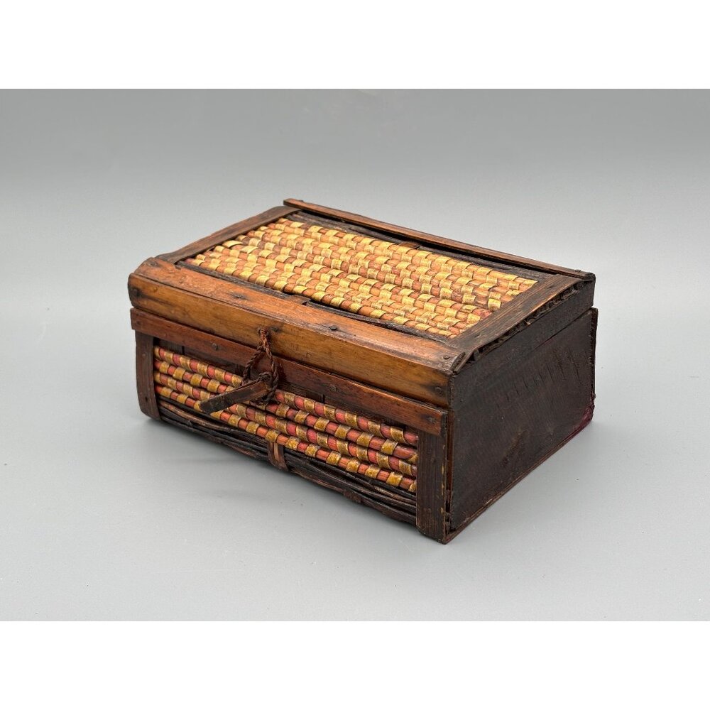 Vintage Woven Wood Storage Box With Hinged Lid And Rustic Latch